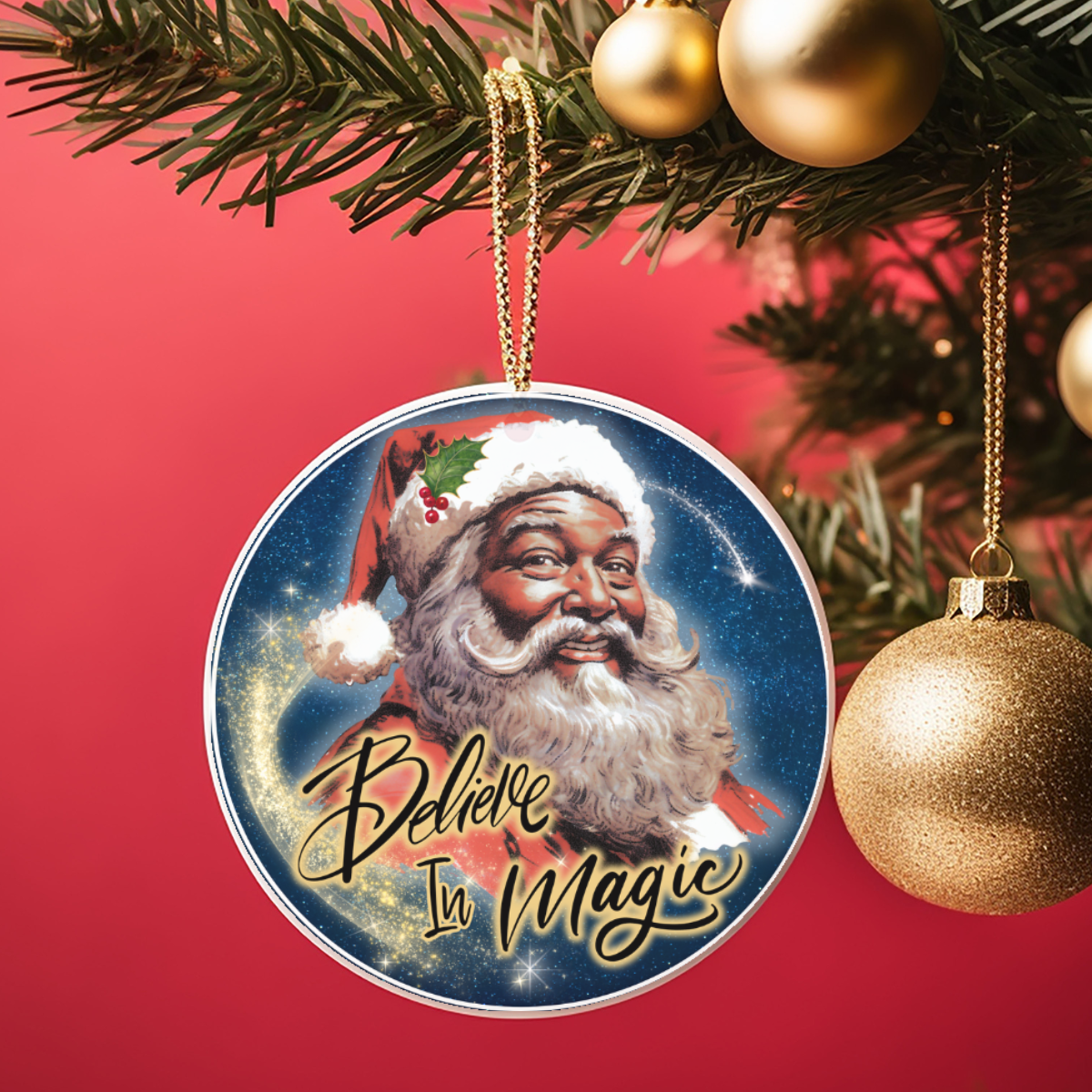 African American Believe in Magic Santa Ornament
